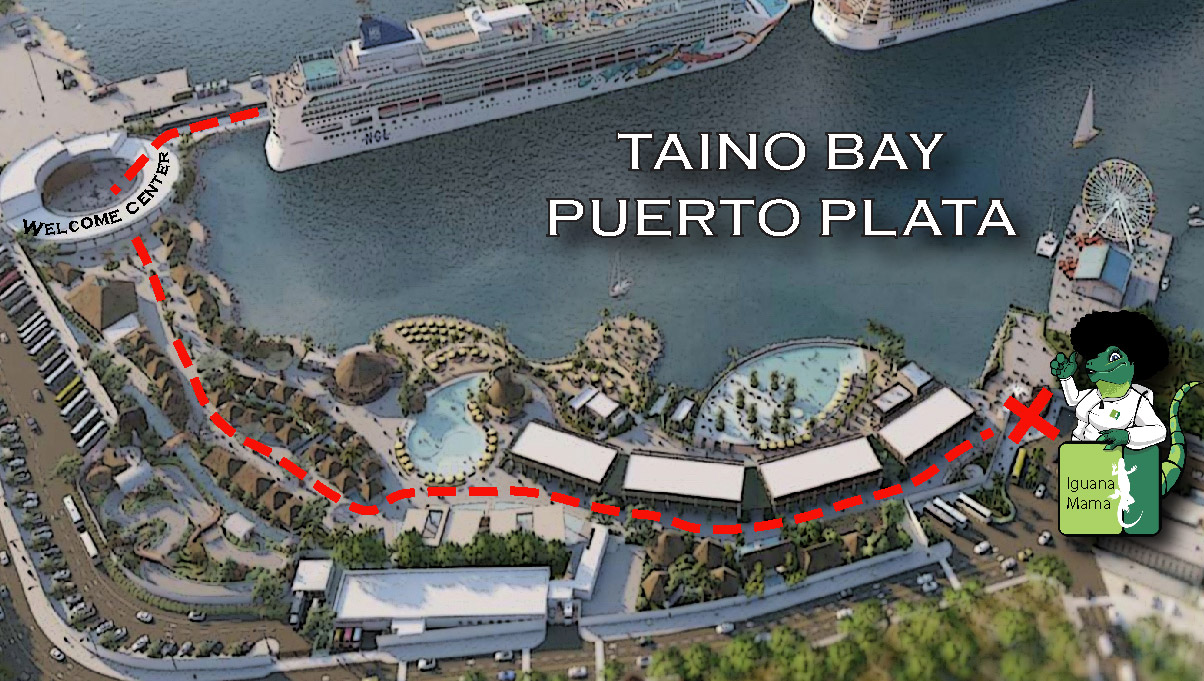 Port pickup instructions map showing how to get to Iguana Mama at Taino Bay Puerto Plata